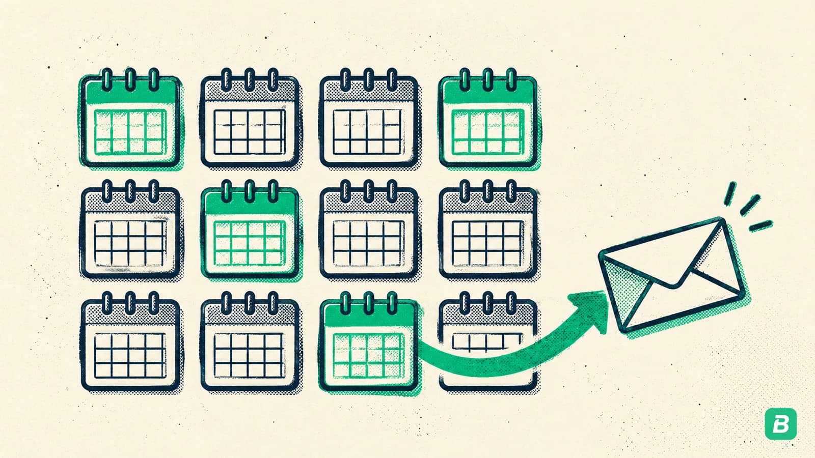 A year calendar of twelve months with four filled green and an envelope leaving the last one