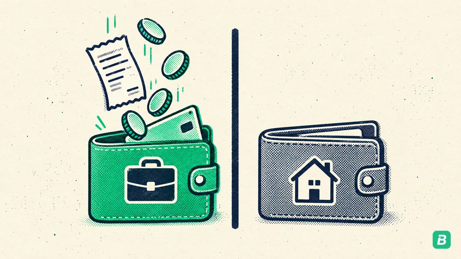 Two wallets split by a line: an emerald business wallet with a card and a navy personal wallet with a house icon, receipts falling only into the business one