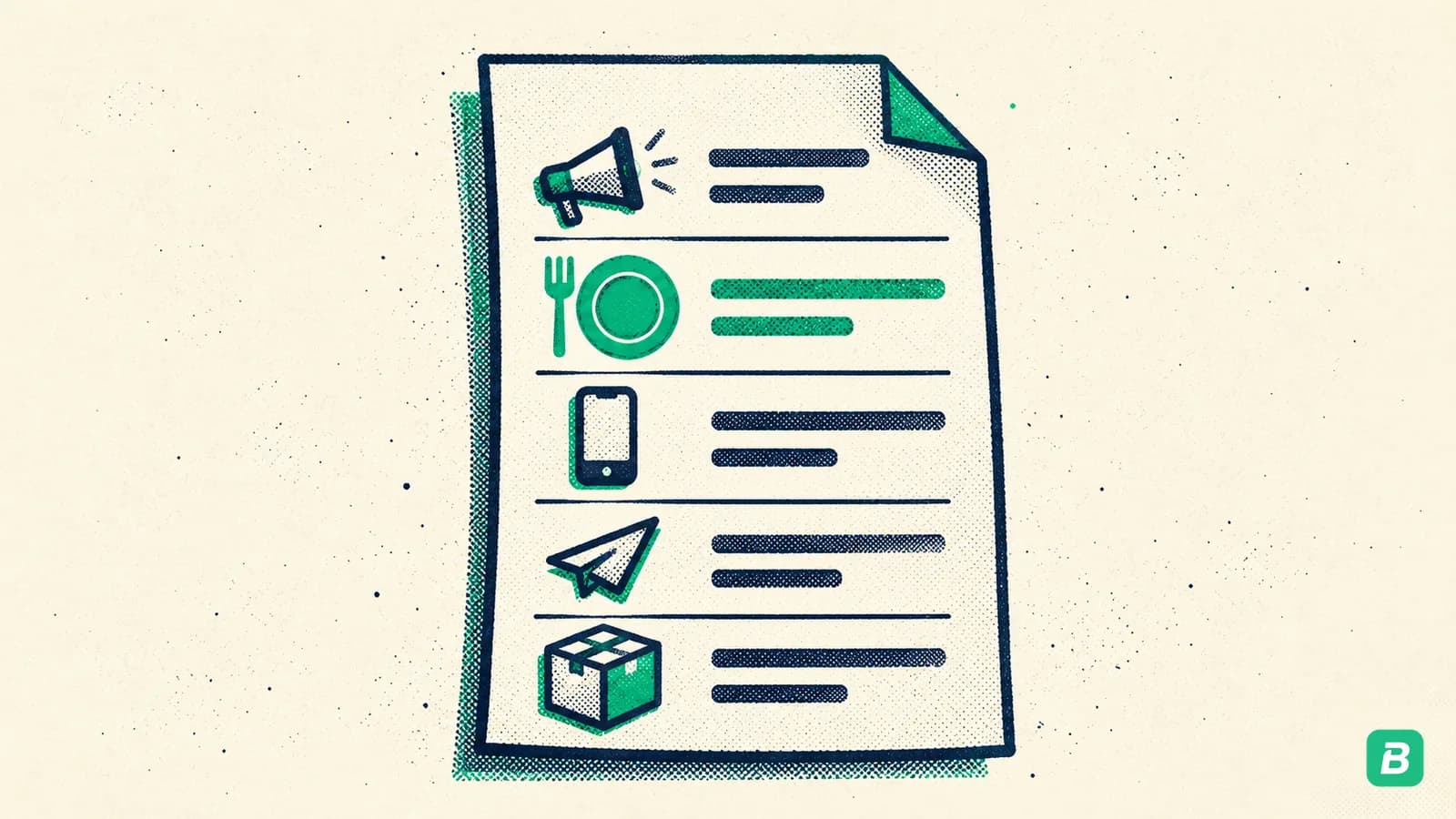 A tax form with one row per kind of expense, each marked with a small icon, the meals row highlighted