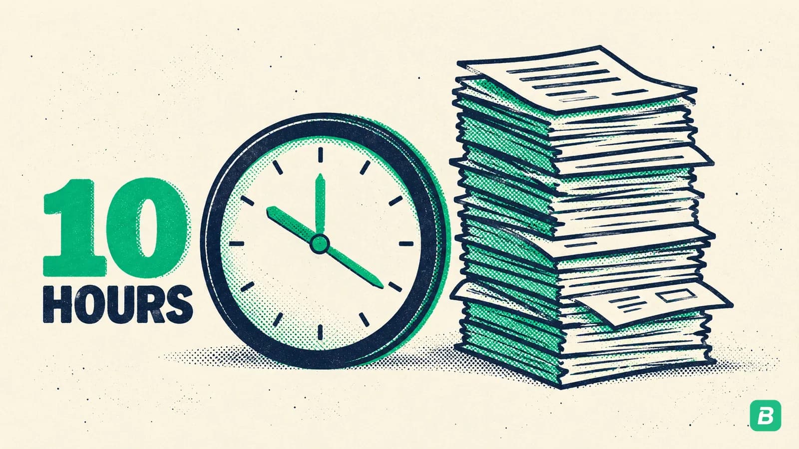 A clock beside a stack of receipts